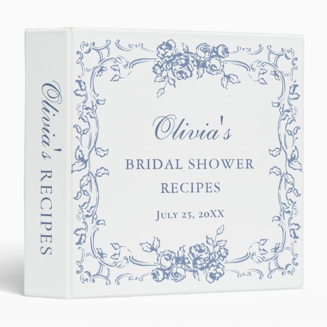 Renaissance Ornate Dusty Blue Bridal Shower Recipe 3 Ring Binder (Front/Spine)