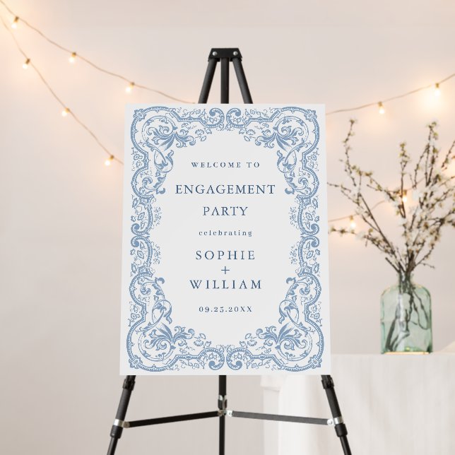 Renaissance Ornate Dusty Blue Engagement Party Foam Board (In Situ (Stand))