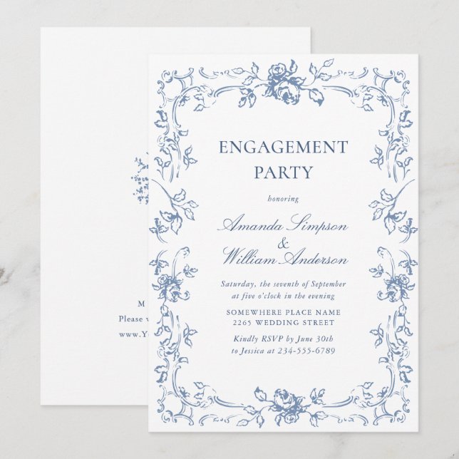 Renaissance Ornate Dusty Blue ENGAGEMENT PARTY Invitation (Front/Back)