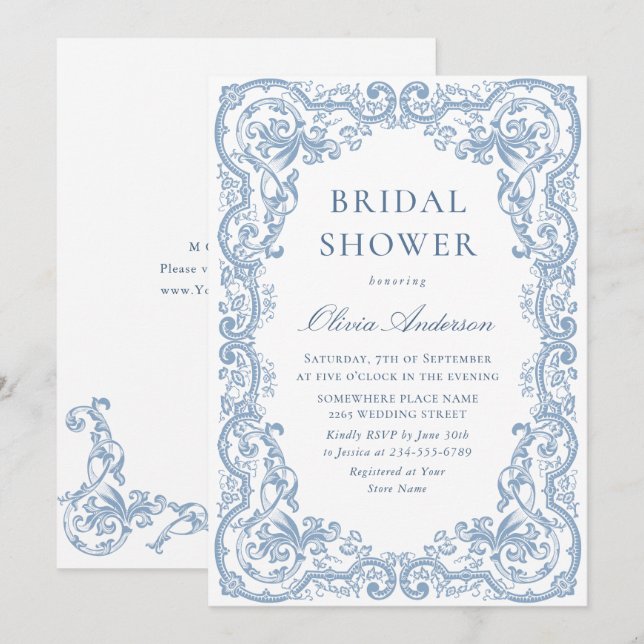 Renaissance Ornate Dusty Blue Floral Bridal Shower Invitation (Front/Back)