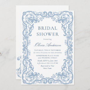 Renaissance Ornate Dusty Blue Floral Bridal Shower Invitation
