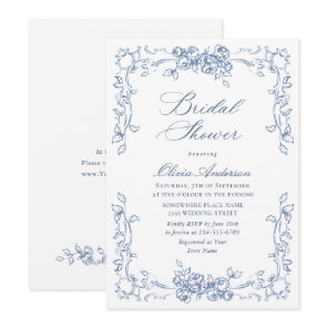 Renaissance Ornate Dusty Blue Floral Bridal Shower Invitation