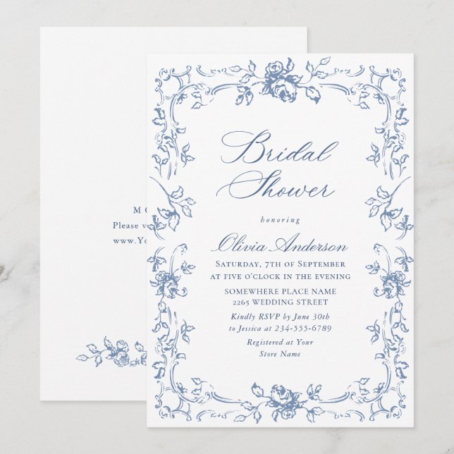 Renaissance Ornate Dusty Blue Floral Bridal Shower Invitation (Front/Back)