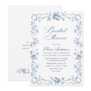 Renaissance Ornate Dusty Blue Floral Bridal Shower Invitation