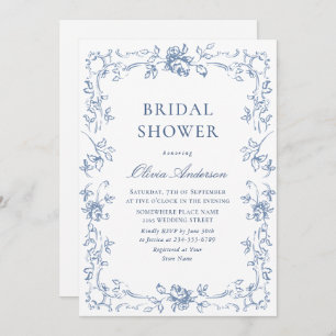Renaissance Ornate Dusty Blue Floral Bridal Shower Invitation