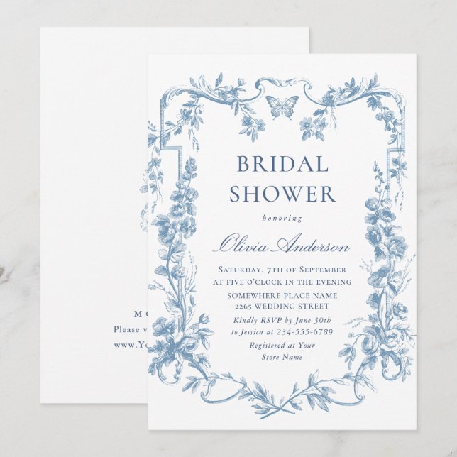 Renaissance Ornate Dusty Blue Floral Bridal Shower Invitation (Front/Back)