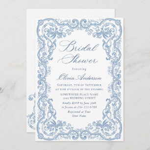 Renaissance Ornate Dusty Blue Floral Bridal Shower Invitation