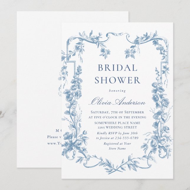 Renaissance Ornate Dusty Blue Floral Bridal Shower Invitation (Front/Back)