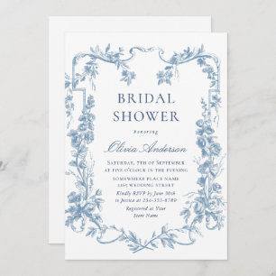 Renaissance Ornate Dusty Blue Floral Bridal Shower Invitation