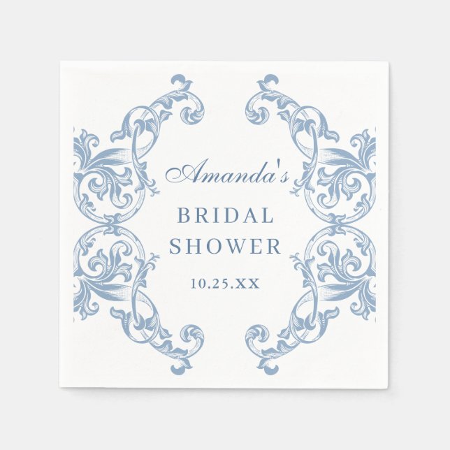 Renaissance Ornate Dusty Blue Floral Bridal Shower Napkins (Front)