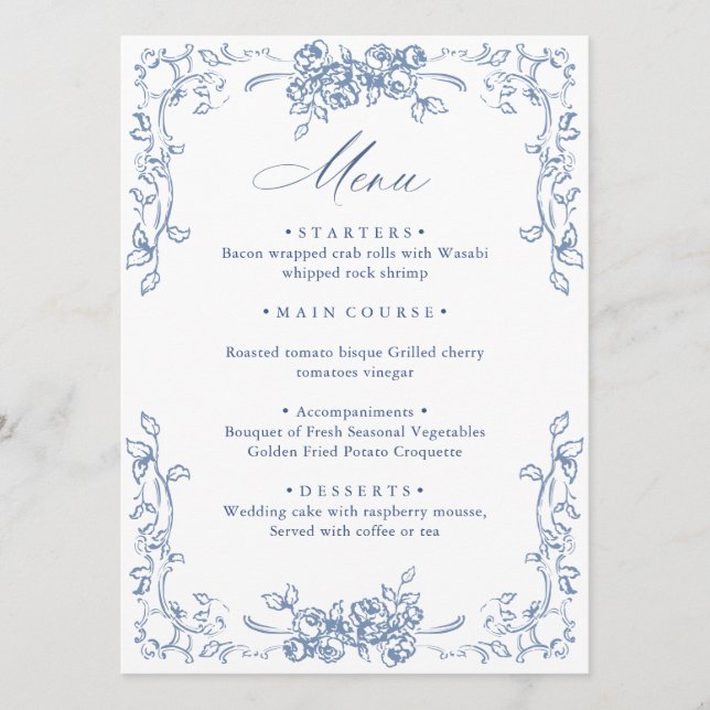 Renaissance Ornate Dusty Blue Floral Wedding Menu (Front)