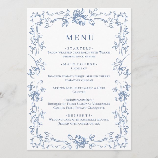 Renaissance Ornate Dusty Blue Floral Wedding Menu (Front)