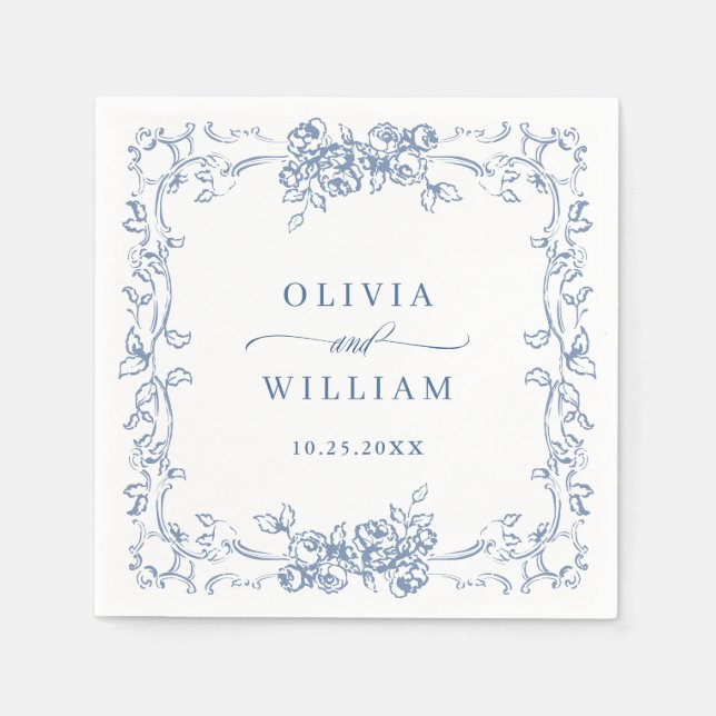 Renaissance Ornate Dusty Blue Floral Wedding Napkins (Front)