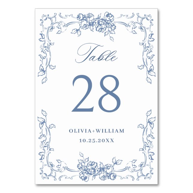 Renaissance Ornate Dusty Blue Floral Wedding Table Number (Front)