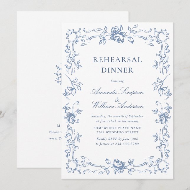 Renaissance Ornate Dusty Blue Rehearsal Dinner Invitation (Front/Back)