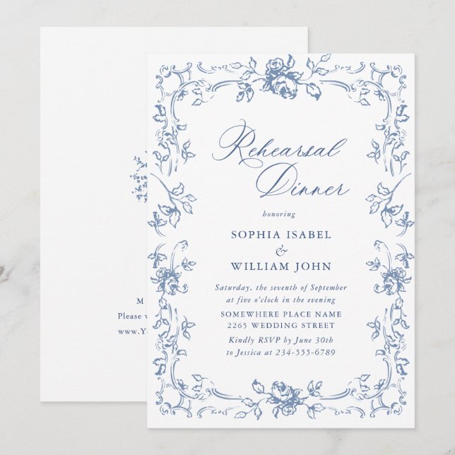 Renaissance Ornate Dusty Blue Rehearsal Dinner Invitation (Front/Back)