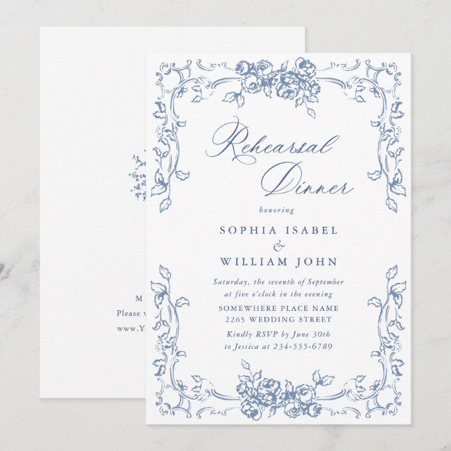 Renaissance Ornate Dusty Blue Rehearsal Dinner Invitation (Front/Back)