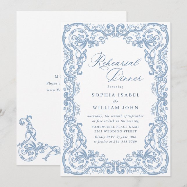 Renaissance Ornate Dusty Blue Rehearsal Dinner Invitation (Front/Back)