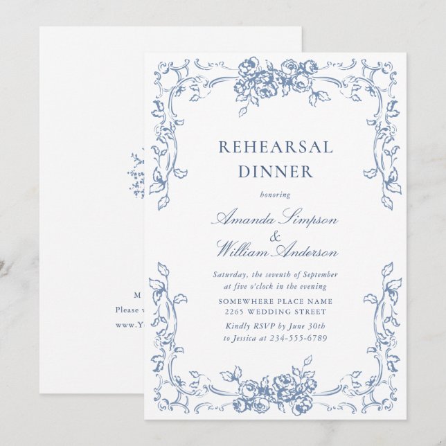 Renaissance Ornate Dusty Blue Rehearsal Dinner Invitation (Front/Back)