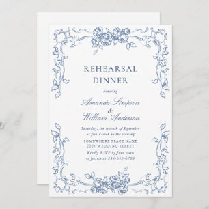 Renaissance Ornate Dusty Blue Rehearsal Dinner Invitation