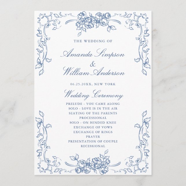 Renaissance Ornate Dusty Blue Wedding Ceremony Program (Front)