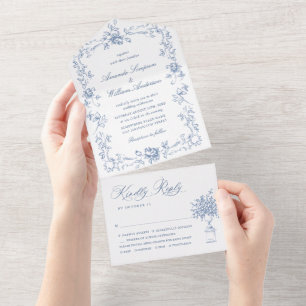 Renaissance Ornate Floral Dusty Blue Wedding All In One Invitation