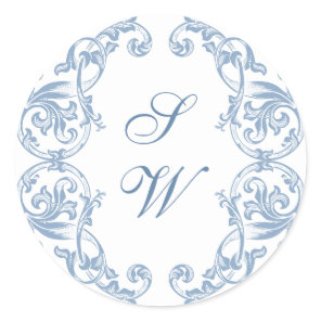 Renaissance Ornate Floral Dusty Blue Wedding Classic Round Sticker