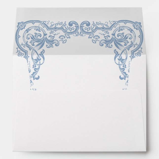 Renaissance Ornate Floral Dusty Blue Wedding Envelope (Back (Bottom))