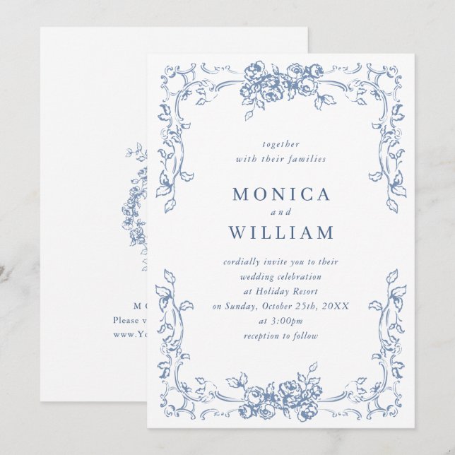 Renaissance Ornate Floral Dusty Blue Wedding Invitation (Front/Back)