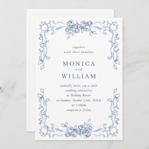 Renaissance Ornate Floral Dusty Blue Wedding Invitation