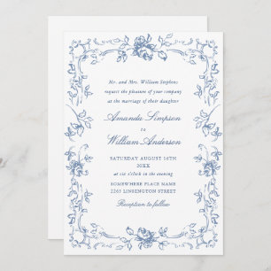 Renaissance Ornate Floral Dusty Blue Wedding Invitation