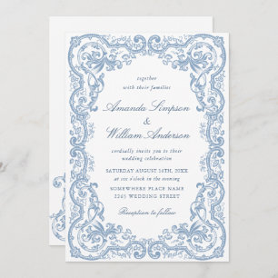 Renaissance Ornate Floral Dusty Blue Wedding Invitation