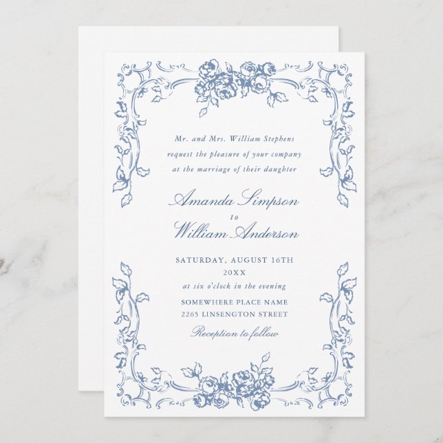 Renaissance Ornate Floral Dusty Blue Wedding Invitation (Front/Back)