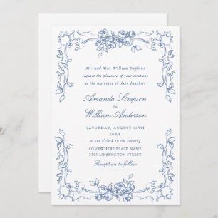 Renaissance Ornate Floral Dusty Blue Wedding Invitation