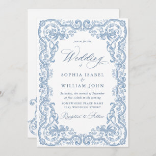 Renaissance Ornate Floral Dusty Blue Wedding Invitation