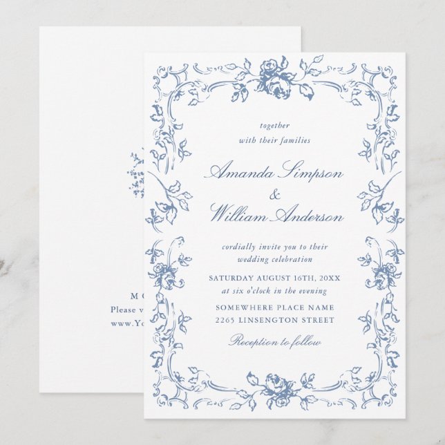 Renaissance Ornate Floral Dusty Blue Wedding Invitation (Front/Back)