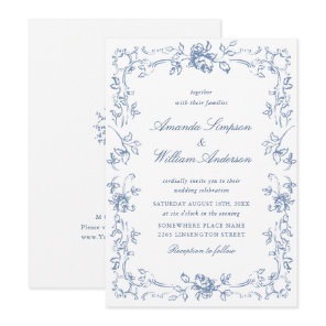 Renaissance Ornate Floral Dusty Blue Wedding Invitation
