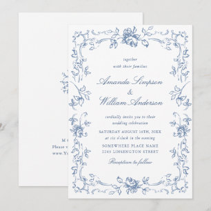 Renaissance Ornate Floral Dusty Blue Wedding Invitation