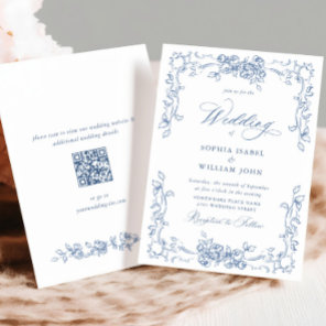 Renaissance Ornate Floral Dusty Blue Wedding Invitation