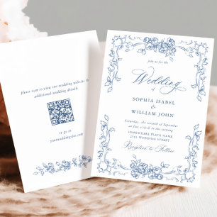Renaissance Ornate Floral Dusty Blue Wedding Invitation
