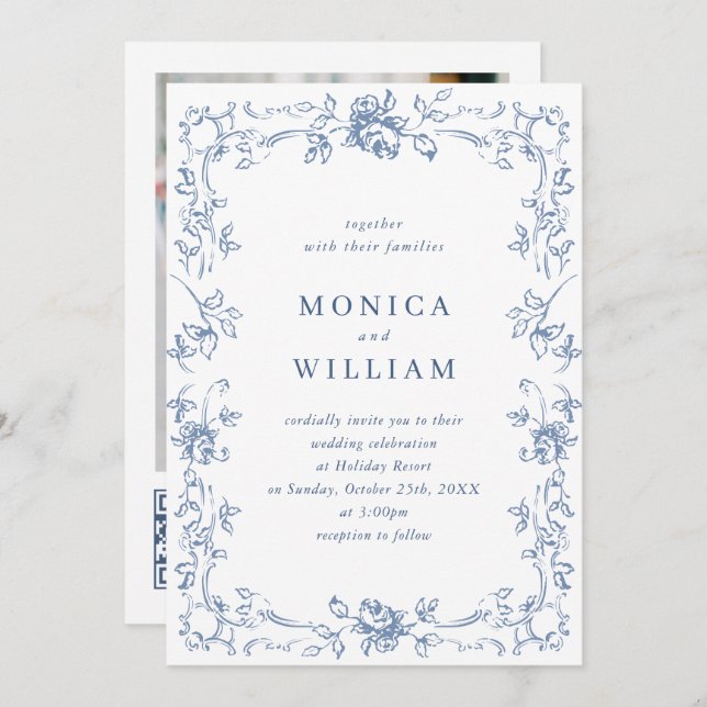 Renaissance Ornate Floral Dusty Blue Wedding Invitation (Front/Back)