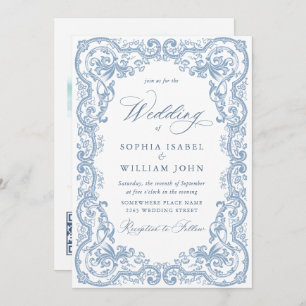 Renaissance Ornate Floral Dusty Blue Wedding Invitation