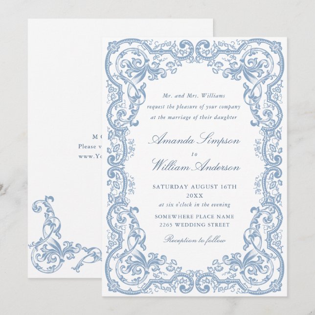 Renaissance Ornate Floral Dusty Blue Wedding Invitation (Front/Back)