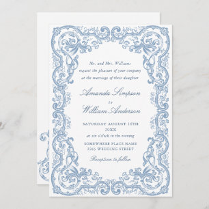 Renaissance Ornate Floral Dusty Blue Wedding Invitation
