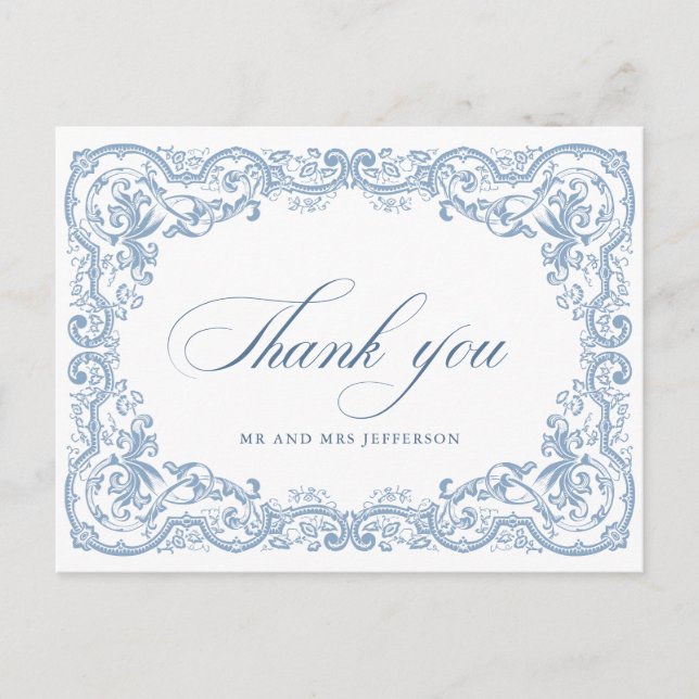 Renaissance Ornate Floral Dusty Blue Wedding Postcard (Front)