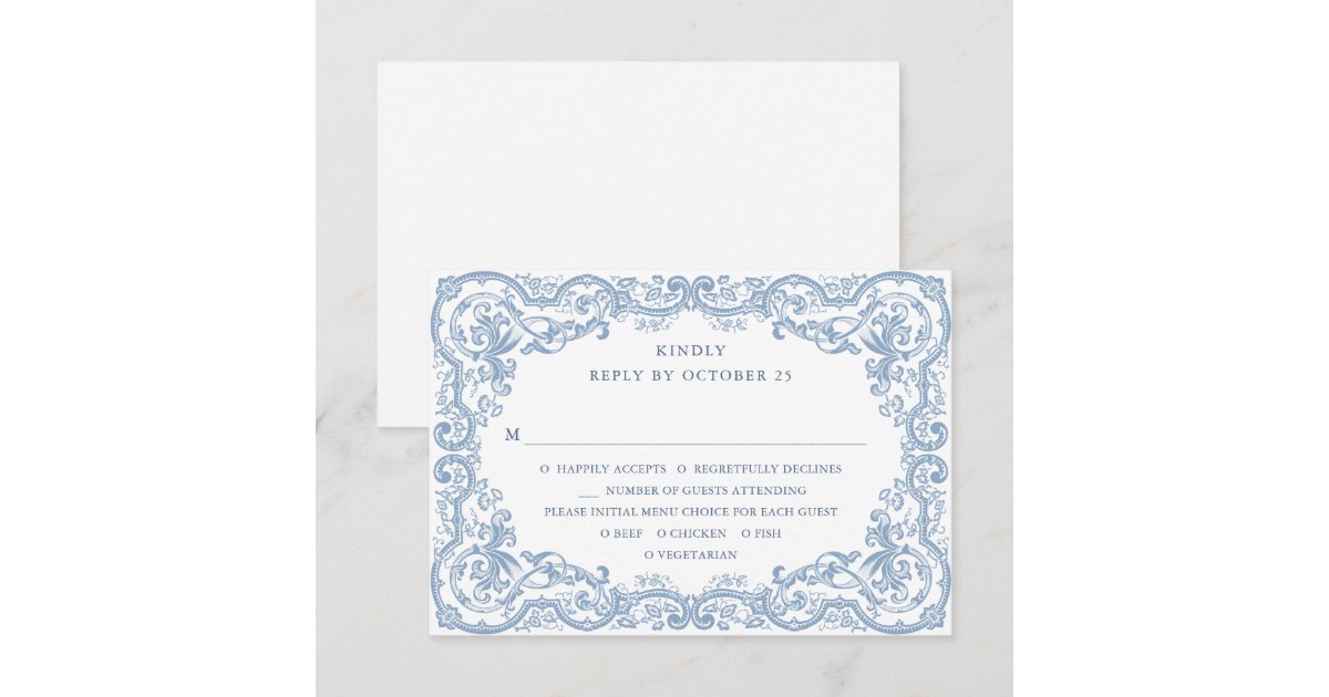 Renaissance Ornate Floral Dusty Blue Wedding RSVP Card | Zazzle