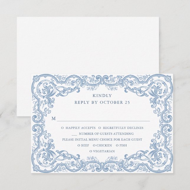 Renaissance Ornate Floral Dusty Blue Wedding RSVP Card (Front/Back)