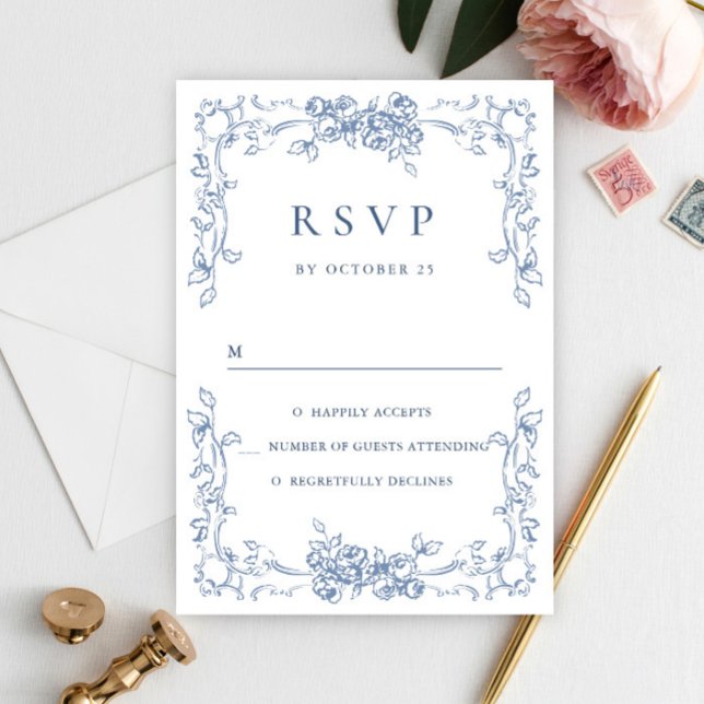 Renaissance Ornate Floral Dusty Blue Wedding RSVP Card (Creator Uploaded)
