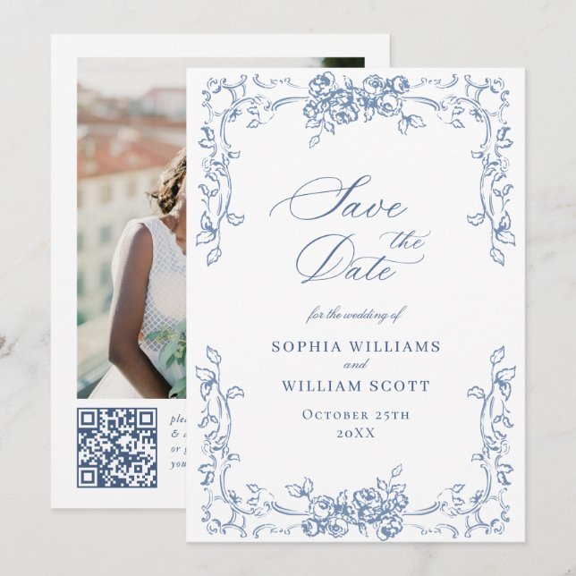Renaissance Ornate Floral Dusty Blue Wedding Save The Date (Front/Back)