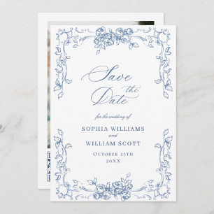 Renaissance Ornate Floral Dusty Blue Wedding Save The Date